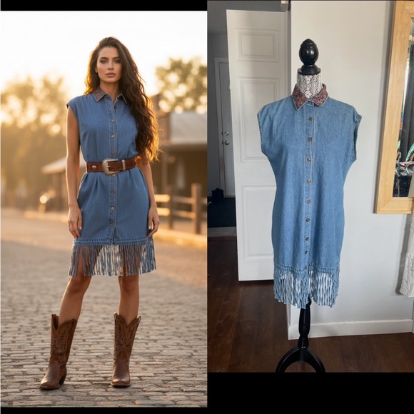 Dresses & Skirts - Vintage Western 100% Cotton Tassel Fringe Button Up Shirt Dress. Small/Medium